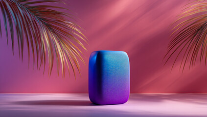 Modern portable wireless speaker with vibrant gradient lighting on a pink background with palm leaves