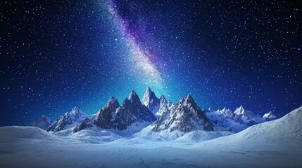 An enchanting scene of majestic mountain peaks rising under a celestial canopy filled with stars, with the Milky Way clearly visible. The dramatic lighting creates depth and emphasizes the unique