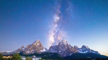 A stunning depiction of towering mountains beneath a vivid star-filled sky, featuring a prominent display of the Milky Way. The natural beauty is strikingly captured, and the overall layout provides