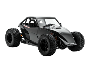 Black off-road vehicle with roll cage, oversized tires, and rugged design