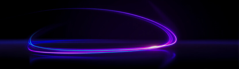 Abstract swirling neon light trails in deep blue and vibrant purple on black background