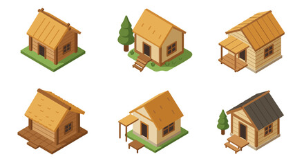 Charming isometric wooden cabins set with various roof designs and cozy outdoor spaces