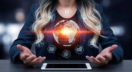 Modern Digital World Global Network Technology with Icon and Woman Concept