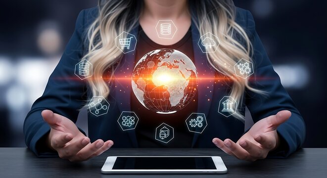 Modern Digital World Global Network Technology with Icon and Woman Concept - Powered by Adobe