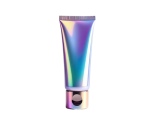 A vertical tube with iridescent sheen, cap and nozzle, isolated on black