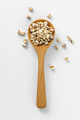 Dry grains in wooden spoon on plain background for food design