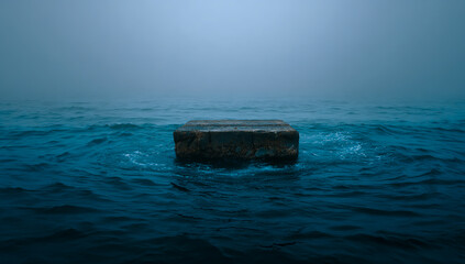 A solitary weathered wooden chest floats on a turbulent dark blue ocean under a hazy sky