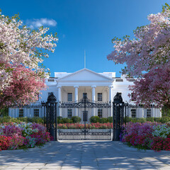 The white house in washington dc bathed in sunlight with blooming cherry blossom trees and colorful flowers