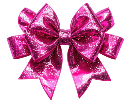 Shiny, bright pink ribbon bow with glitter and a festive, celebratory design