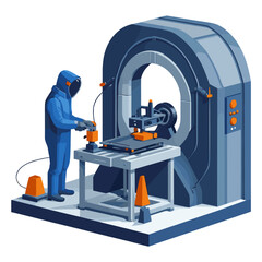Industrial technician in protective suit operating large CNC machine in modern factory