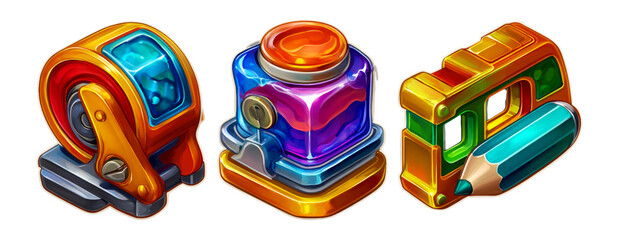 Glossy 3D Cartoon Icons of Office Supplies on Transparent Background