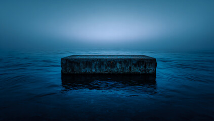 Mysterious dark stone cube submerged in ethereal glowing blue water with soft light above