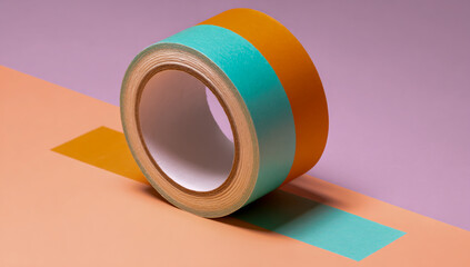 Close up of a roll of colorful decorative tape with turquoise and orange stripes on a pastel background