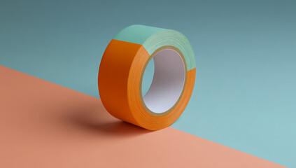 Roll of bright orange and light blue masking tape on a pastel background