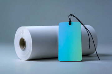 Blank rectangular tag hanging from a roll of white paper on a gray background