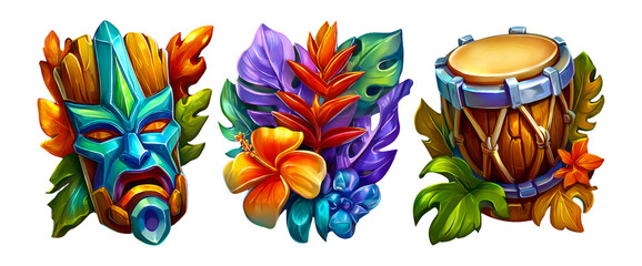 Colorful 3D Cartoon Icons of Tiki Mask, Tropical Drum, and Floral Elements