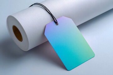 Blank colorful tag hanging from a roll of white paper or fabric on a light background