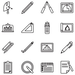Diverse Collection of Stationery, Drawing, and Office Supplies Line Art Icons