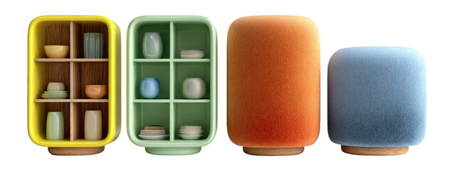 Colorful Decorative Cabinets with Unique Shapes and Textures on Transparent Background