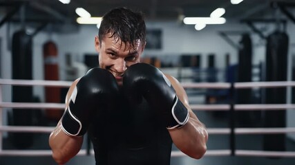 A man wearing boxing gloves stands inside a boxing ring preparing to spar. The man's boxing gloves are positioned for defense within the boxing ring setting.