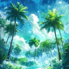 Lush tropical landscape with palm trees