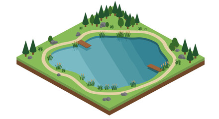 Isometric park pond with trees and pathway in minimalist design