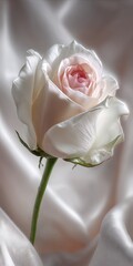 Single pale rose, blush center, rests on soft, flowing silk fabric