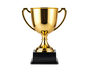 A gleaming golden trophy cup with handles, atop a black pedestal, on a black background
