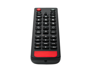 Black remote with red accents, featuring multiple buttons, against a black background