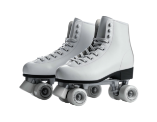 Two pristine white roller skates with black accents, side-by-side, against a black background