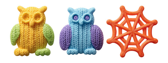 Colorful Knitted Owls and Spider on Isolated Transparent Background