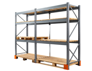 Steel shelving unit with wooden pallets, empty, and against a plain background