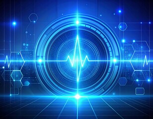 Futuristic technology background with glowing pulse and geometric patterns.