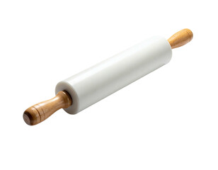 Ceramic rolling pin with wooden handles, isolated against black background