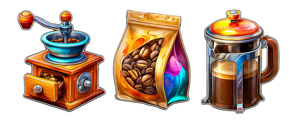 Colorful Cartoon Coffee Objects with Glossy Finish and Isolated Background