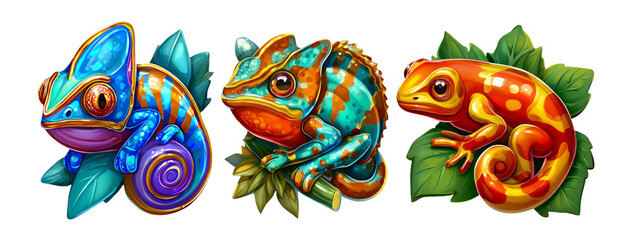 Vibrant Cartoon Chameleons on Leaves in Glossy 3D Style Illustration