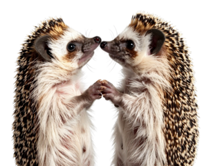 Photorealistic PNG of a hedgehog couple standing close, side-angle view with tiny paw