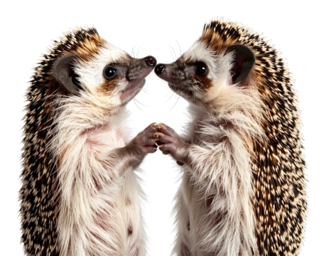 Photorealistic PNG of a hedgehog couple standing close, side-angle view with tiny paw