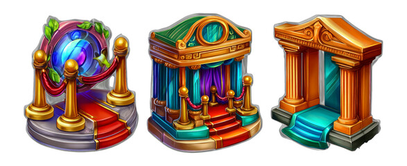 3D Glossy Cartoon Icons of Ancient Structures with Colorful Design Elements