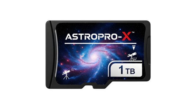 Astroprox 1 tb sd card with a telescope and galaxy on the label isolated on transparent background, designed for astrophotography enthusiasts