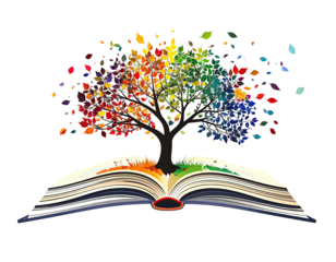 A vibrant tree of colorful leaves sprouting from an open book, against black