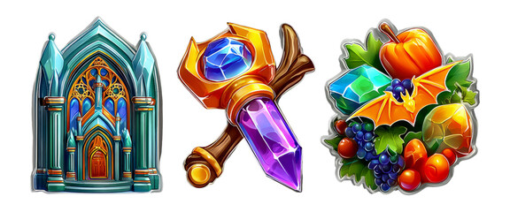 Glossy 3D Cartoon Icons of Fantasy Castle, Magical Sword, and Spooky Harvest