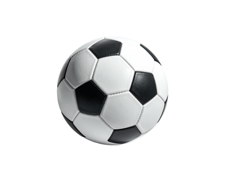 A classic black and white soccer ball isolated on a stark black background