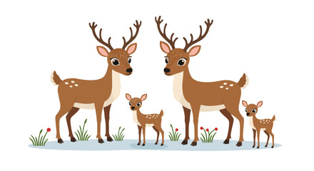 Cute cartoon deer family with fawns in a forest clearing.
