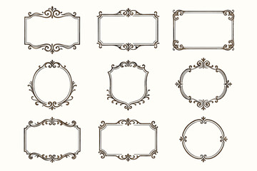 Set of ornate vintage decorative frames in various shapes