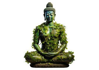 Illustration of a statue of a person sitting in a yoga pose. The body is made up of green, isolated on a transparent or white background.