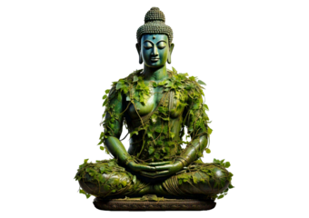 Illustration of a statue of a person sitting in a yoga pose. The body is made up of green, isolated on a transparent or white background.