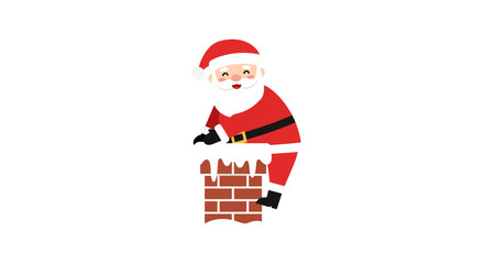 Cartoon Santa Claus peeking from snowy brick chimney Christmas illustration.