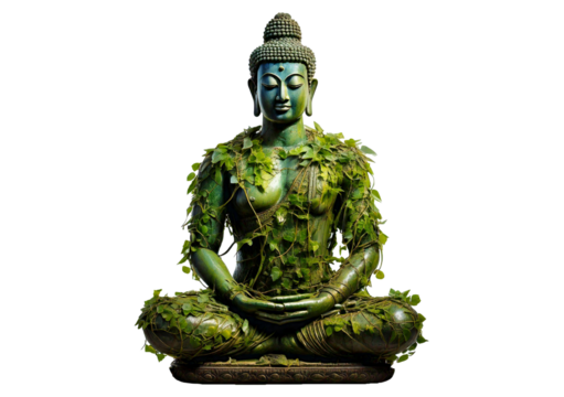 Illustration of a statue of a person sitting in a yoga pose. The body is made up of green, isolated on a transparent or white background.