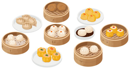 Isometric chinese dim sum variety in bamboo steamers and plates on white background